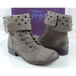 Fergie Mercury Studded Lace Up Zip Combat Boot Leather Grey Size 9